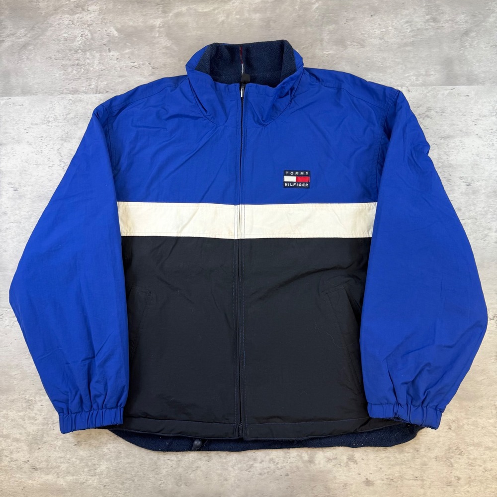 Tommy Hilfiger Vintage Colorblock Windbreaker Fleece Lined Blue Black White L